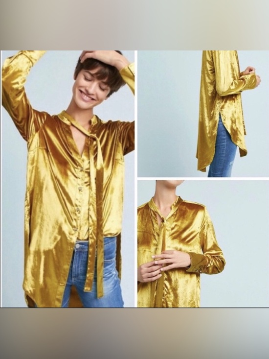 Maeve Tops - Maeve Gold Satin Tie-Neck Blouse